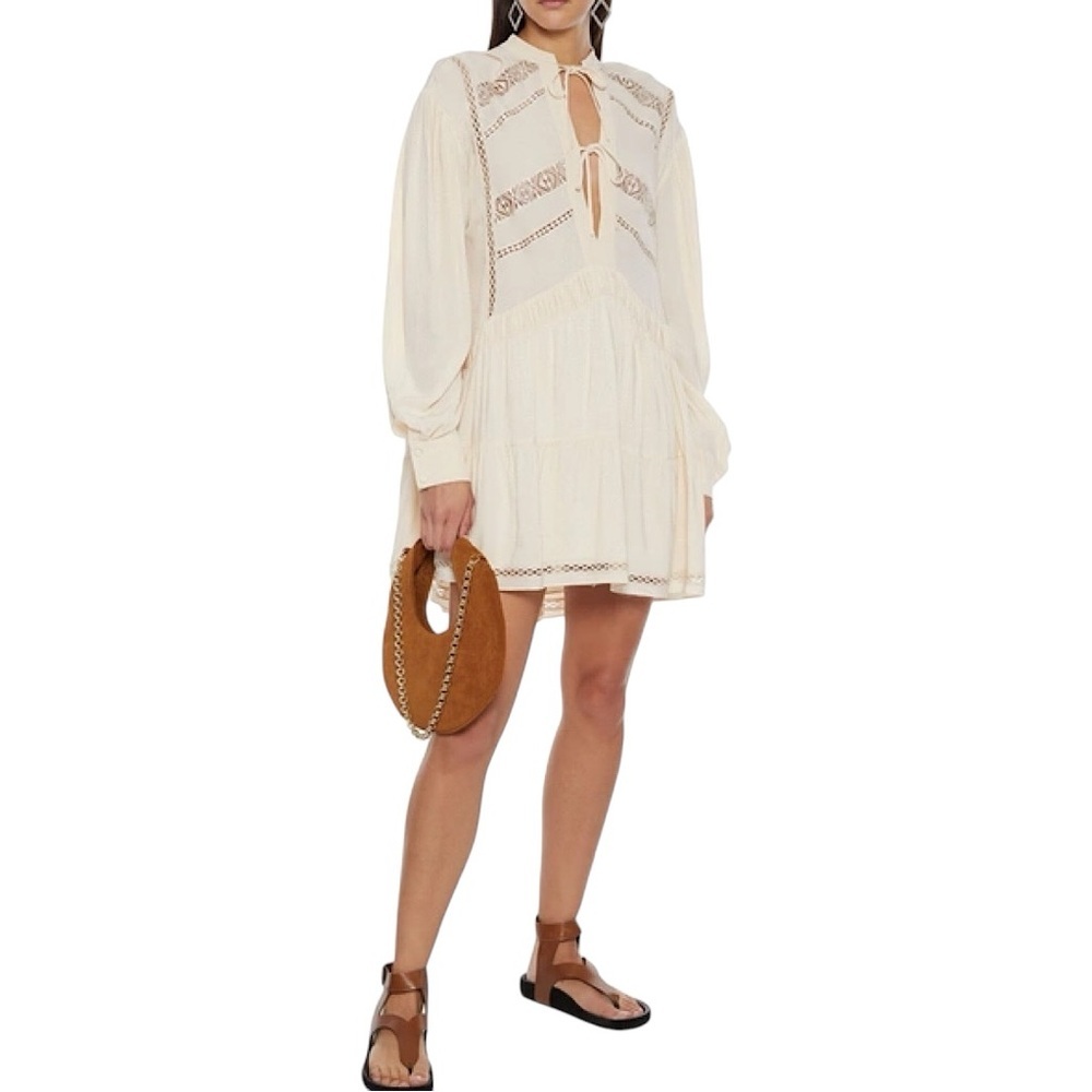 IRO Pluton Crochet-Trimmed Swiss Dot Crepe de Chine mini Dress in ecru